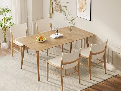Cozy Wooden Dining Table Set With Four Chairs Fruit Bowl Vase And Book 3d model