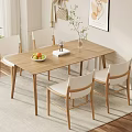 Cozy Wooden Dining Table Set With Four Chairs Fruit Bowl Vase And Book