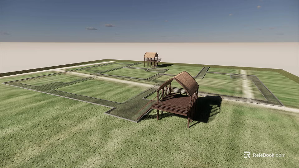 Landscaped Road Facilities On Green Grass With Wooden Pavilions And Paved Walkways 3d model 
