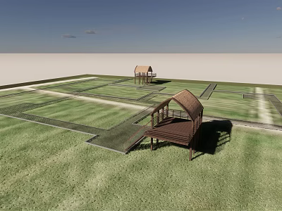 Landscaped Road Facilities On Green Grass With Wooden Pavilions And Paved Walkways 3d model