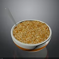 Bowl of Instant Noodles With Orange Soup White Bowl Orange Rim And Silver Spoon