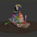 3D Character Scene Featuring Gnome In Boat With Toucan Mouse Apple And Paddle