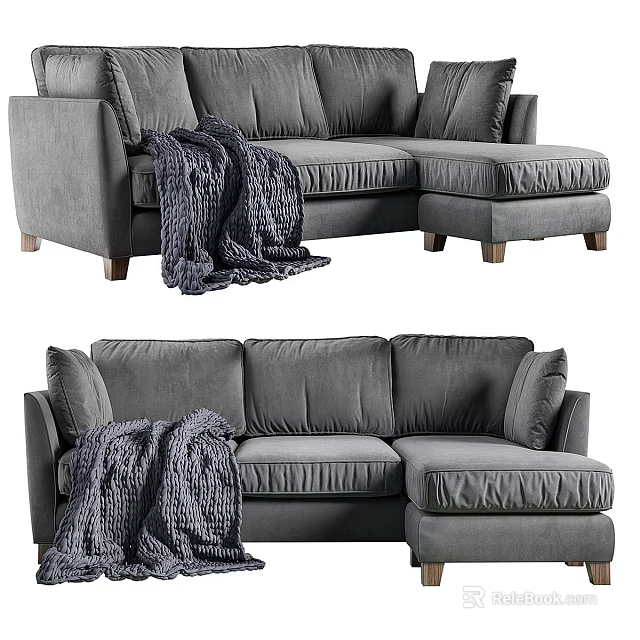 Gray L Shaped Sectional Sofa With Soft Upholstery And Cozy Blanket For Living Room 3d model 
