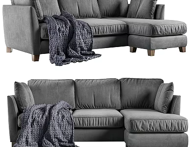 Gray L Shaped Sectional Sofa With Soft Upholstery And Cozy Blanket For Living Room 3d model