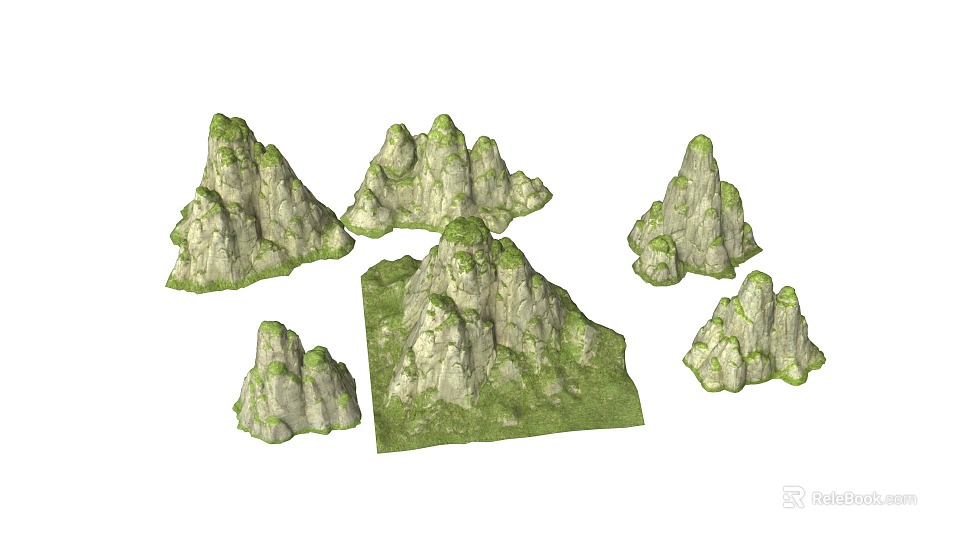 Natural Green Rocky Mountain Landscape with Various Shaped Rocks and White Textures 3d model 