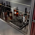Modern Wine Cabinet with Red Panels Glass Doors and Wine Bottles in Elegant Interior