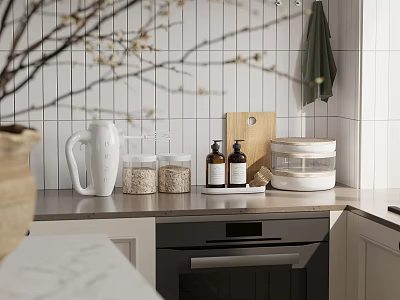 Modern Kitchen Countertop With Electric Kettle Glass Jars Of Grains Cutting Board And Storage Containers 3d model