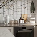 Modern Kitchen Countertop With Electric Kettle Glass Jars Of Grains Cutting Board And Storage Containers