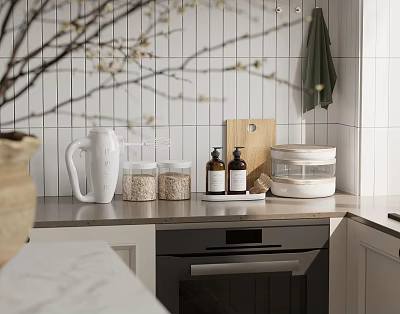Modern Kitchen Countertop With Electric Kettle Glass Jars Of Grains Cutting Board And Storage Containers 3d model