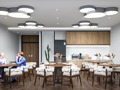 Modern Tea Room Interior With Wooden Cabinets Pendant Lights Tables Chairs And Cactus Plant 3d model