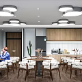 Modern Tea Room Interior With Wooden Cabinets Pendant Lights Tables Chairs And Cactus Plant