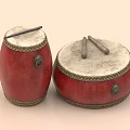 Two Red Traditional Musical Drums With White Heads Brass Rims And Drumsticks