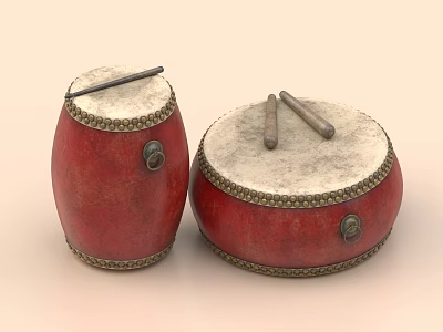 Two Red Traditional Musical Drums With White Heads Brass Rims And Drumsticks 3d model