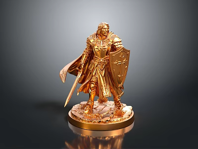 Detailed Golden Knight Statue With Armor Cloak Sword Shield And Base 3d model