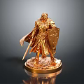 Detailed Golden Knight Statue With Armor Cloak Sword Shield And Base