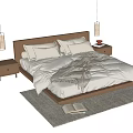 Wooden Double Bed with White Bedding Pillows Nightstands Hanging Lamps and Rug