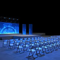 Tech Inspired Stage Setup With Blue Screens Lighting And Arranged Chairs Design 3d model