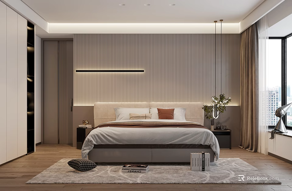 Modern Bedroom Interior With Upholstered Headboard Strip Light Wooden Floor And Area Rug 3d model 