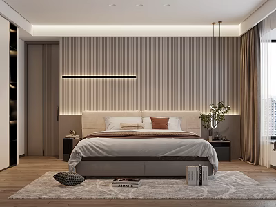 Modern Bedroom Interior With Upholstered Headboard Strip Light Wooden Floor And Area Rug 3d model