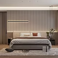 Modern Bedroom Interior With Upholstered Headboard Strip Light Wooden Floor And Area Rug