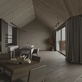 Minimalist Modern Dining and Living Room With Wooden Ceiling Dining Table Large Windows and Sofa