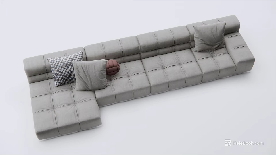 Gray Modular Sectional Sofa With Square Tufted Seats And Plaid Decorative Pillows 3d model