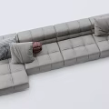 Gray Modular Sectional Sofa With Square Tufted Seats And Plaid Decorative Pillows 3d model