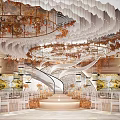 Elegant Banquet Hall Interior Design With Golden Leaf Ceiling Decor Chandeliers Staircase And Chairs