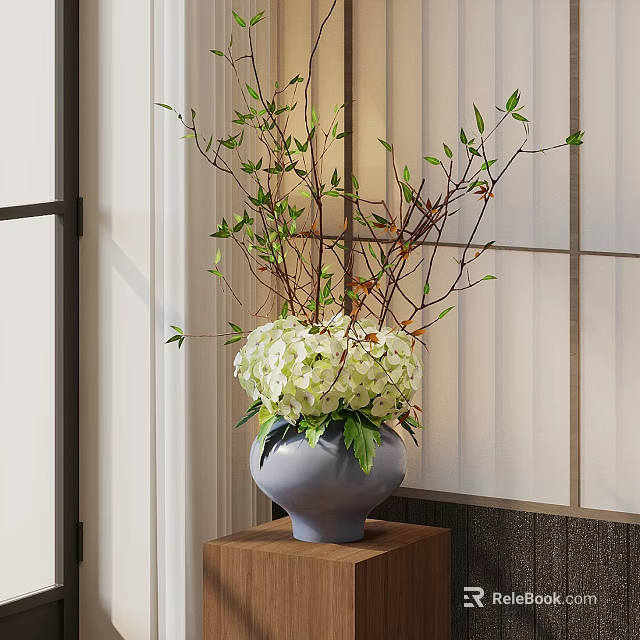 Decorative Ornament Combination With Modern Vase White Hydrangea Flowers And Green Branches On Wooden Base 3d model 