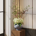Decorative Ornament Combination With Modern Vase White Hydrangea Flowers And Green Branches On Wooden Base
