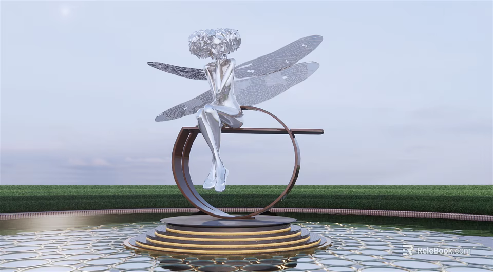Silver Fairy Sculpture With Wings On Circular Golden Striped Base By Pond 3d model 