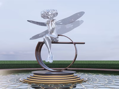 Silver Fairy Sculpture With Wings On Circular Golden Striped Base By Pond 3d model