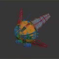 Orange Spherical Mechanical Object With Purple Blue Wings Wheels And Surface Patterns