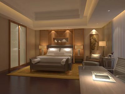 Modern Hotel Room Interior With Large Bed Wooden Accent Wall Decorative Painting And Cozy Armchair 3d model