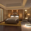 Modern Hotel Room Interior With Large Bed Wooden Accent Wall Decorative Painting And Cozy Armchair
