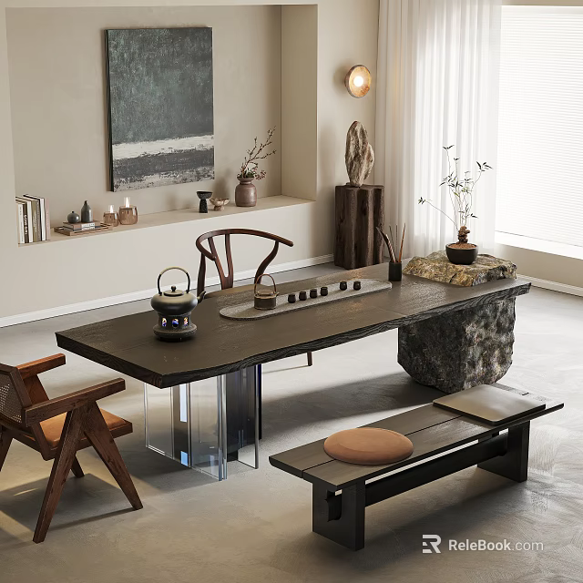 Modern Tea Table And Chairs With Stone Top Acrylic Legs And Wooden Seats 3d model 