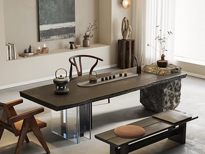 Modern Tea Table And Chairs With Stone Top Acrylic Legs And Wooden Seats 3d model