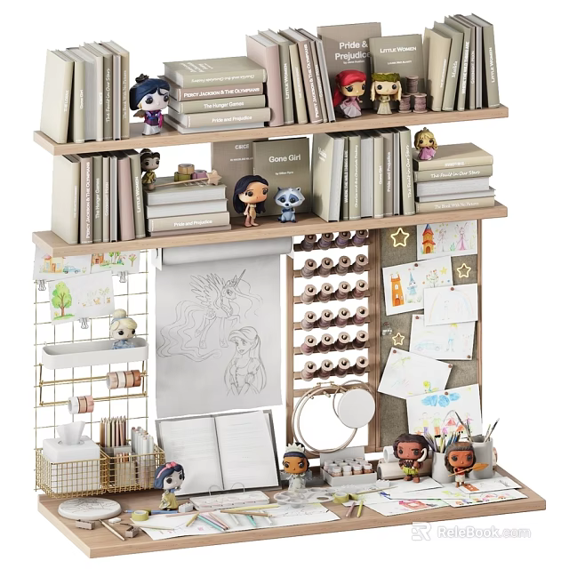 Kids Bed With Bookshelf And Dolls In Study Space With Drawings And Stationery 3d model 