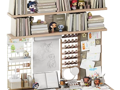 Kids Bed With Bookshelf And Dolls In Study Space With Drawings And Stationery 3d model