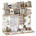 Kids Bed With Bookshelf And Dolls In Study Space With Drawings And Stationery