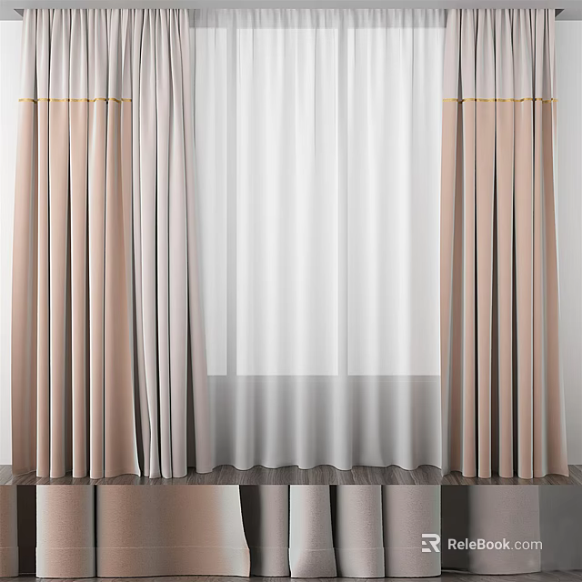 Modern Double Layer Curtains With Beige Pleated Panels And Sheer White Liners 3d model