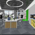 Modern Office Interior Featuring Wooden Desk Gray Chairs City View Window And Round Ceiling Lamp