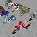Various Motorcycles and Tricycles in Different Colors Displayed on Tiled Ground