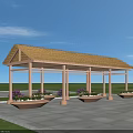 Pergola With Thatched Roof Wooden Structure And Purple Flower Pots On Stone Pavement