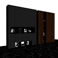Modern Wooden Decorative Cabinets In Black Dark Brown With Open Shelves And Decor Items