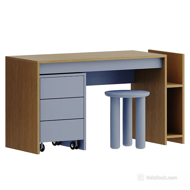 Wooden Desk And Round Stool Set With Drawers Shelves And Wheels 3d model 