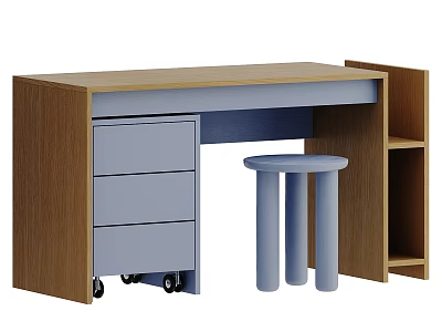 Wooden Desk And Round Stool Set With Drawers Shelves And Wheels 3d model