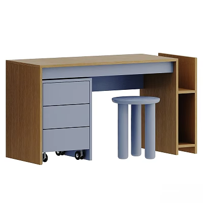 Wooden Desk And Round Stool Set With Drawers Shelves And Wheels 3d model