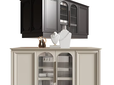Elegant Vanity with Black Upper and Beige Lower Cabinets Glass Doors and Decorative Items 3d model