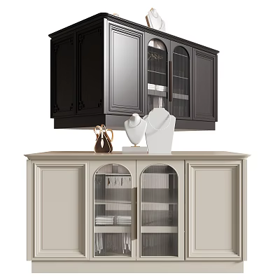 Elegant Vanity with Black Upper and Beige Lower Cabinets Glass Doors and Decorative Items 3d model